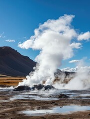 Steam erupting from a geothermal vent in a barren landscape