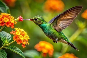 Fototapeta premium Green-crowned Brilliant Hummingbird on Lantana, Boquete, Panama
