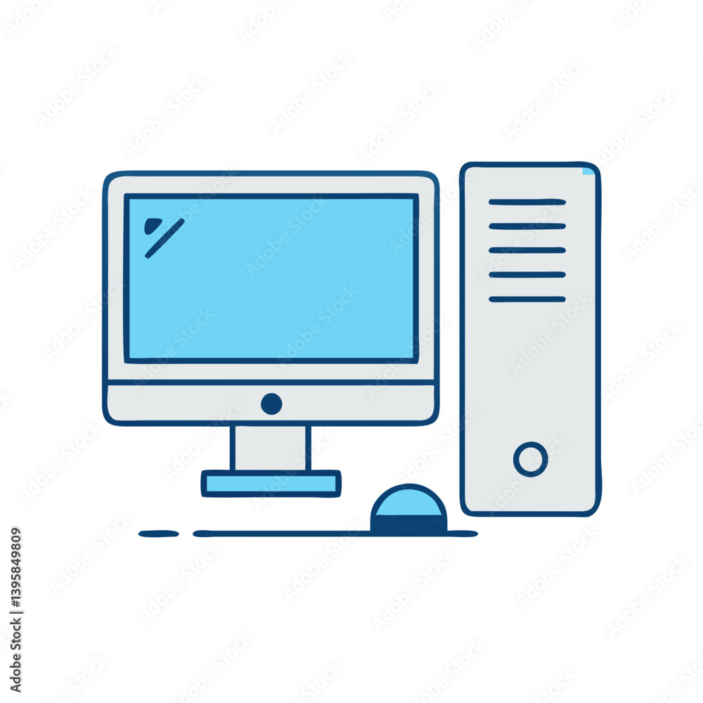 Poster desktop computer pc vector illustration design for technology and office use with monitor and cpu se