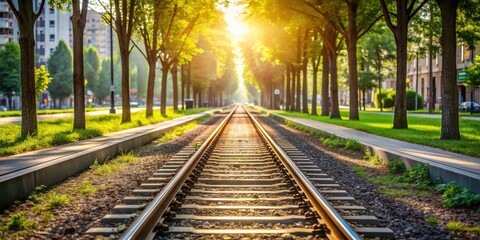 Fototapeta premium Golden hour sunlight illuminates a railway track lined with vibrant green trees and manicured lawns