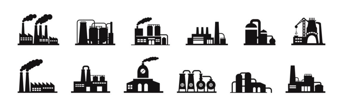 Industrial factory buildings icons set. Business manufacture station, chemical industrial construction.