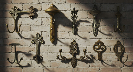 Decorative Metal Wall Hooks Vintage Style on a Brick Wall Background