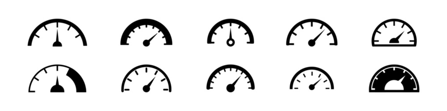 Speedometer icon. Speed indicator, Internet car speed. Performance concept. Speedometer set. Fast speed sign. Vector illustration.