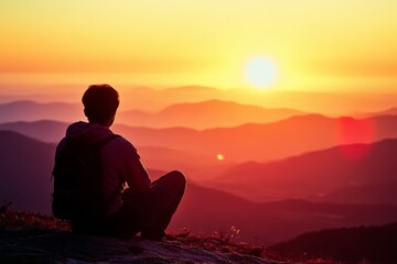 Obraz premium A person watches the sun set over undulating mountain ranges, embodying peaceful solitude and natural beauty.