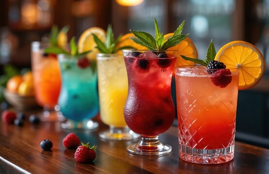 Colorful cocktails in a bar. Mixed alcoholic drinks, fruit slices, mint, ice. Party, celebration, refreshing beverages for restaurant menu, bar promotion. Nightlife drinks, happy hour concept.