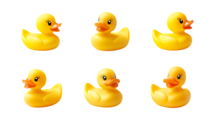 Pack Rubber Ducky Toy Set in Different Poses Against Transparent Background for Toy Branding, Baby Products, or Playful Design