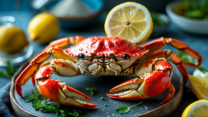 Delicious crab dish with lemon and colorful garnishes