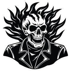 Black and White Skull Head with Chains and Flames Isolated on White