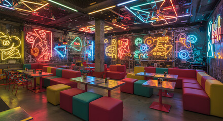 Obraz premium Vibrant Dining Space with Modular Seating and Captivating Neon Art Displays