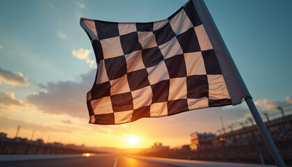 Checkered racing flag waving against stunning sunset sky. Finish line in sight on track. Racing flag detail at the end of a race. Sport competition symbol of victory. Motion and speed.