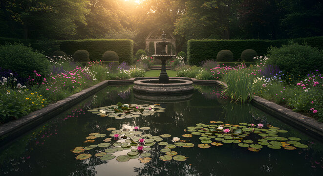 Serene Victorian Garden Pond Reflecting Tranquility at Golden Hour