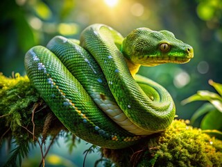 Fototapeta premium Green Tree Python on Mossy Branch - Exotic Reptile Stock Photo