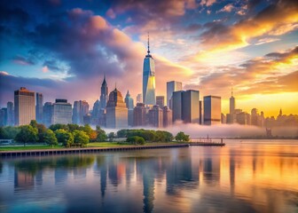 Fototapeta premium Grey NYC Skyline & Hudson River Park: Dramatic Dawn Cityscape