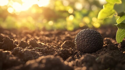 Harvesting Black Truffle in Soil at Sunset with Green Leaf Aside