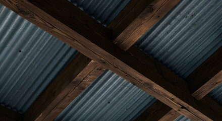 Obraz premium Rustic Charm Weathered Wooden Beams Crossing Corrugated Metal Ceiling