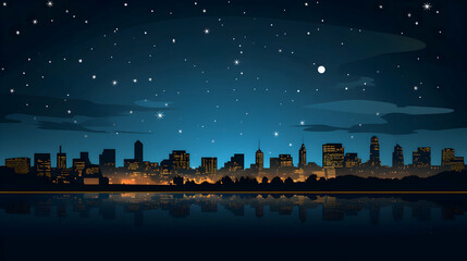 A city skyline at night with stars in the sky and a river flowing through it