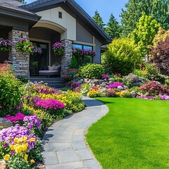 Fototapeta premium Stunning garden with stone walkway and colorful flowers in bloom