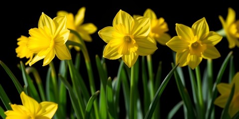 Obraz premium Radiant yellow narcissus blooms, vibrant green leaves, dark backdrop, bright light, element, photography