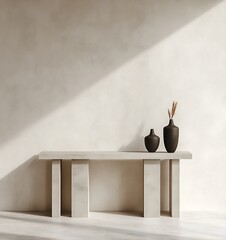 A modern and minimalistic room with an empty wall mockup frame, white walls, three concrete console tables with black vases on top of them 