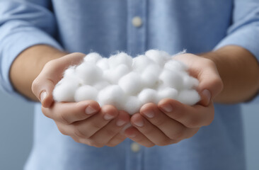 person gently holds pile of soft, fluffy cotton balls in their hands, wearing light blue shirt. image conveys sense of purity and comfort