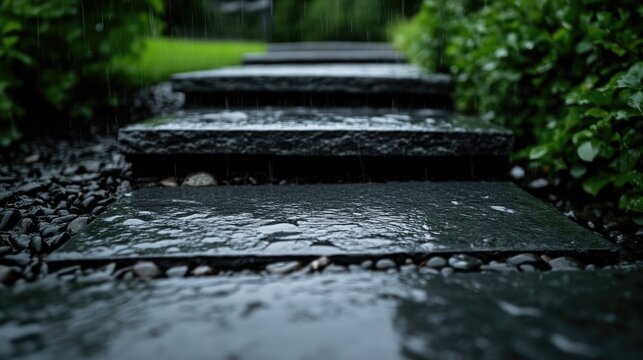 Wet stone steps in a garden pathway.  Dark, rectangular paving stones form a stairway, glistening with rain drops.  Surrounding foliage and gravel
