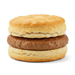 A savory golden-brown biscuit sandwich featuring a juicy sausage patty, perfect for a quick and satisfying breakfast, showcasing a simple yet delicious food photography style.