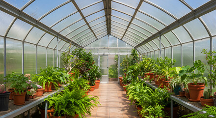 Botanical Greenhouse with Potted Plants Displayed Inside Glass Structure