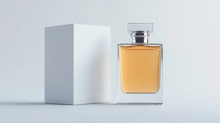 Elegant transparent perfume bottle next to a textured white box on bright white background