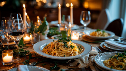 Fototapeta premium Elegant dining table set for romantic pasta dinner