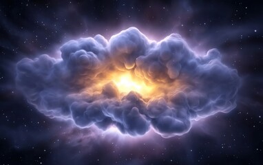 Fototapeta premium Ethereal explosion of glowing plasma and smoky cosmic clouds, blue and purple tones contrasting with radiant amber cores