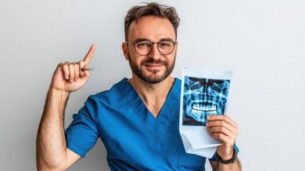 Dentist Holding X-ray with a Smile, Promoting Oral Health and Jumping into Action for Patient Care