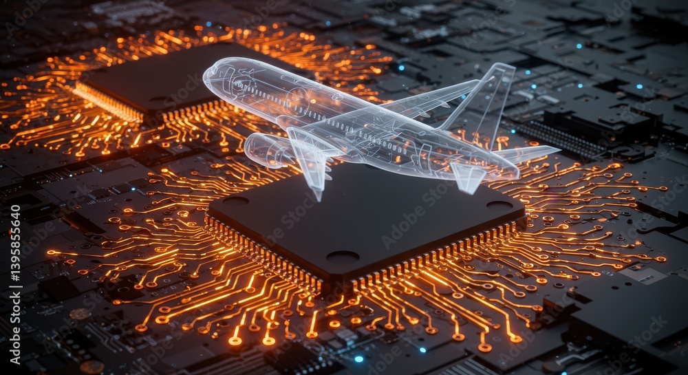 Poster clear airplane model on a computer chip with glowing orange circuits and dark background design styl