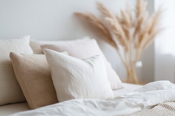 serene bedroom setting exuding cozy minimalism with soft lighting and delicate textures