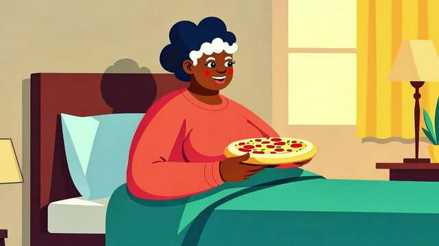 Elderly woman eating pizza sitting on her bed in her bedroom, cartoon vector style