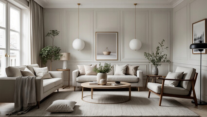 Elegant scandinavian living room in neutral tones