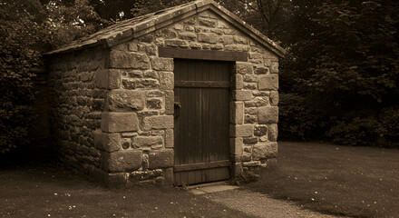 Fototapeta premium Historic Victorian Icehouse Structure With Thick Stone Walls and Wooden Door