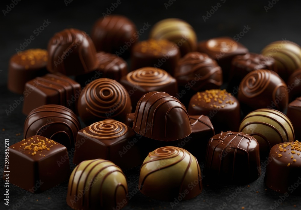 Poster an assortment of delicious looking chocolates with various designs on a dark background are displaye