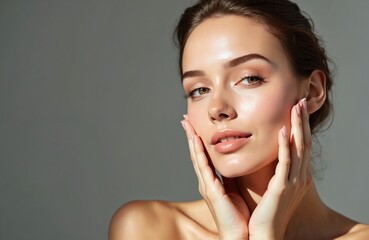 Young woman with fresh skin, face treatment in beauty spa. Cosmetology, skincare, makeup. Attractive female model with perfect skin. Natural beauty, health, wellness, facial treatment, massage.