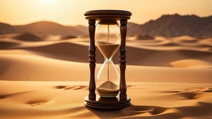 A wooden hourglass with sand flowing from the upper chamber to the lower chamber