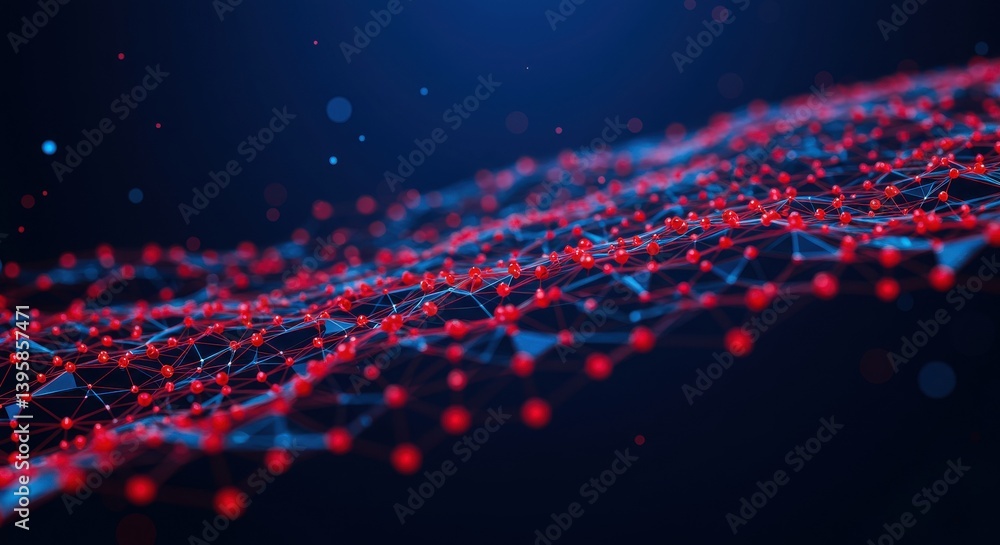 Poster abstract network with red spheres and blue lines on a dark blue background forming a wavy pattern