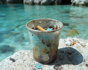 Plastic cup filled with trash by a turquoise pool