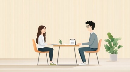 Fototapeta premium Flat vector illustration of a job interview, with a hiring manager sitting across from a candidate at a desk
