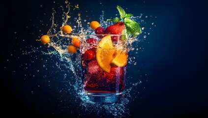 Refreshing drink with ice fruit and water splashing on dark background.