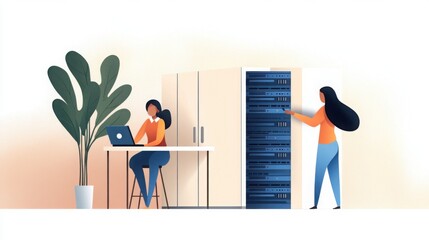 Flat-style illustration of an IT support team fixing office computers, one person troubleshooting on a laptop while another checks server racks in the background.