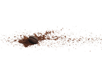 Pile ground espresso coffee with beans isolated on white, clipping path, side view