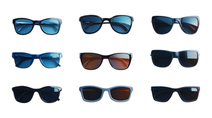 Pack Sunglasses Set in Different Poses on Transparent Background for Fashion, Accessories, and Summer-Themed Designs