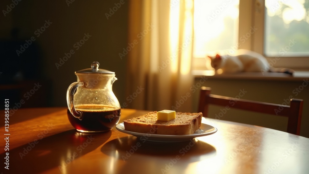 Poster glass pitcher of coffee sits on a table next to a plate of toast and butter. a cat is sleeping on a 
