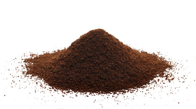 Pile ground espresso coffee isolated on white, side view