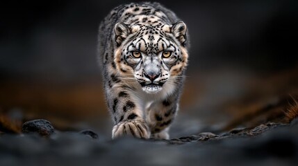 Fototapeta premium A snow leopard navigating through rocky terrain in the Himalayas