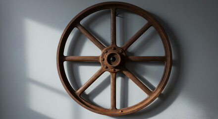 Obraz premium Vintage Industrial Cart Wheel Mounted As Modern Wall Decor Accent